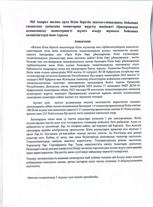Тамақтану сапасына мониторинг жүргізу актісі