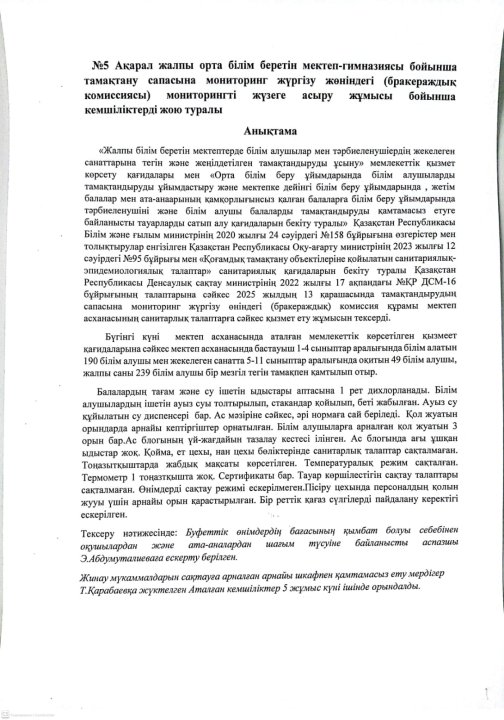 Тамақтану сапасына мониторинг жасау актісі