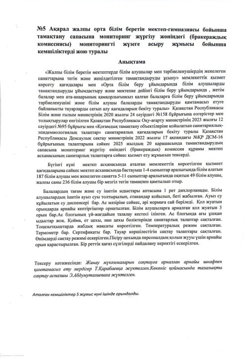 Тамақтану сапасына мониторинг жүргізу актісі